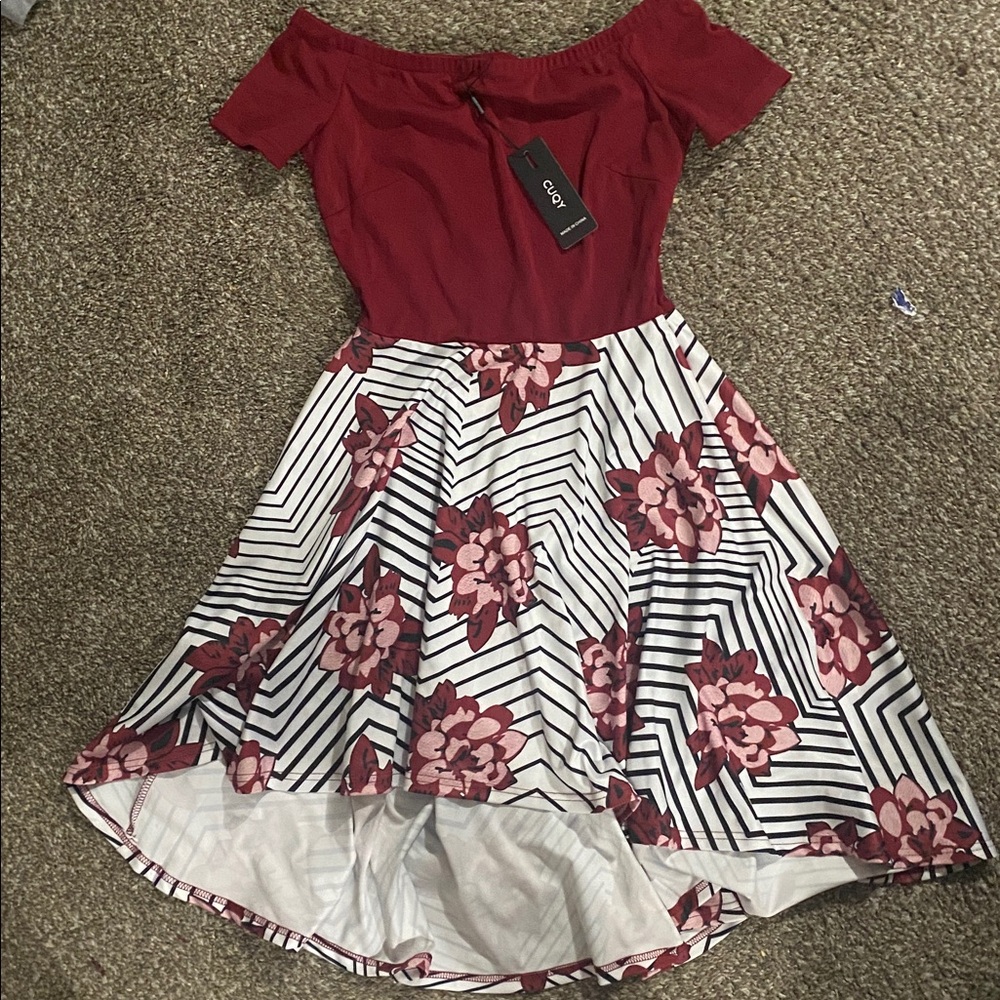Off-Shoulder Maroon and Floral Dress